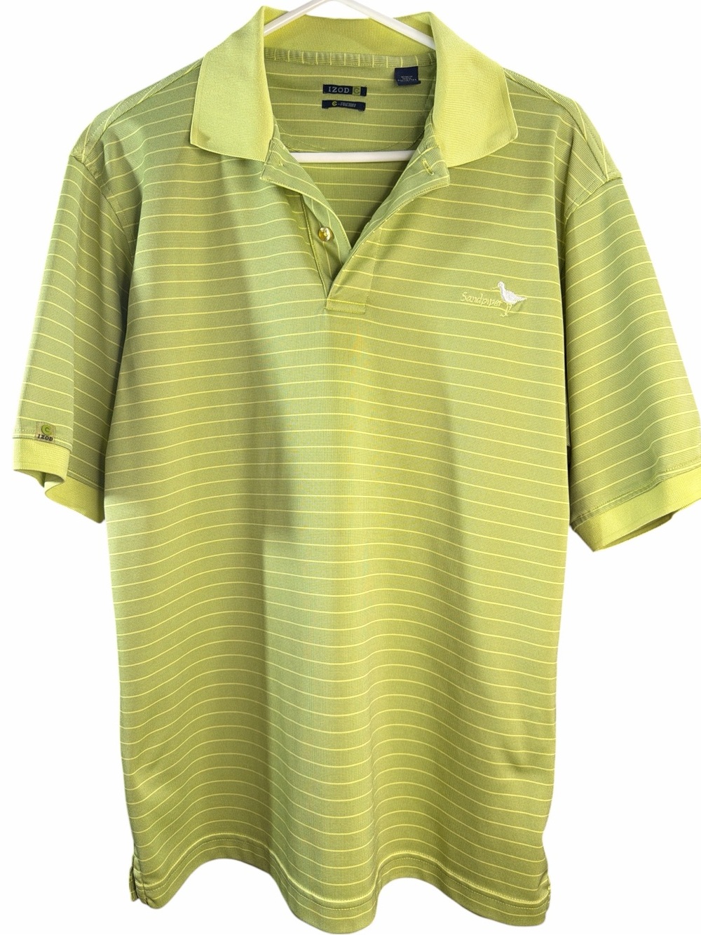 Izod Men's Lime Green Striped Polo Shirt. EC size medium